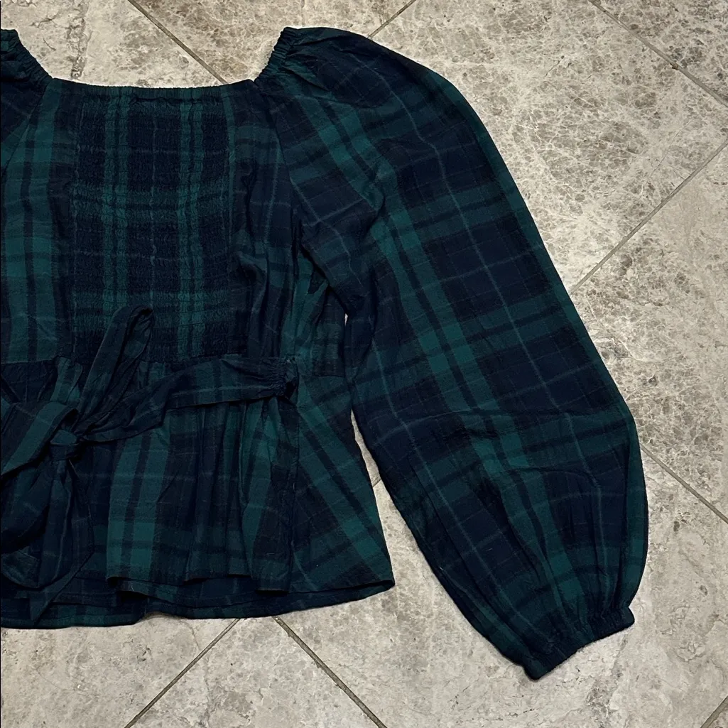 Old Navy Puff Sleeve Plaid Smocked Wrap Blouse NEW Tartan Plaid Size Small - Image 12