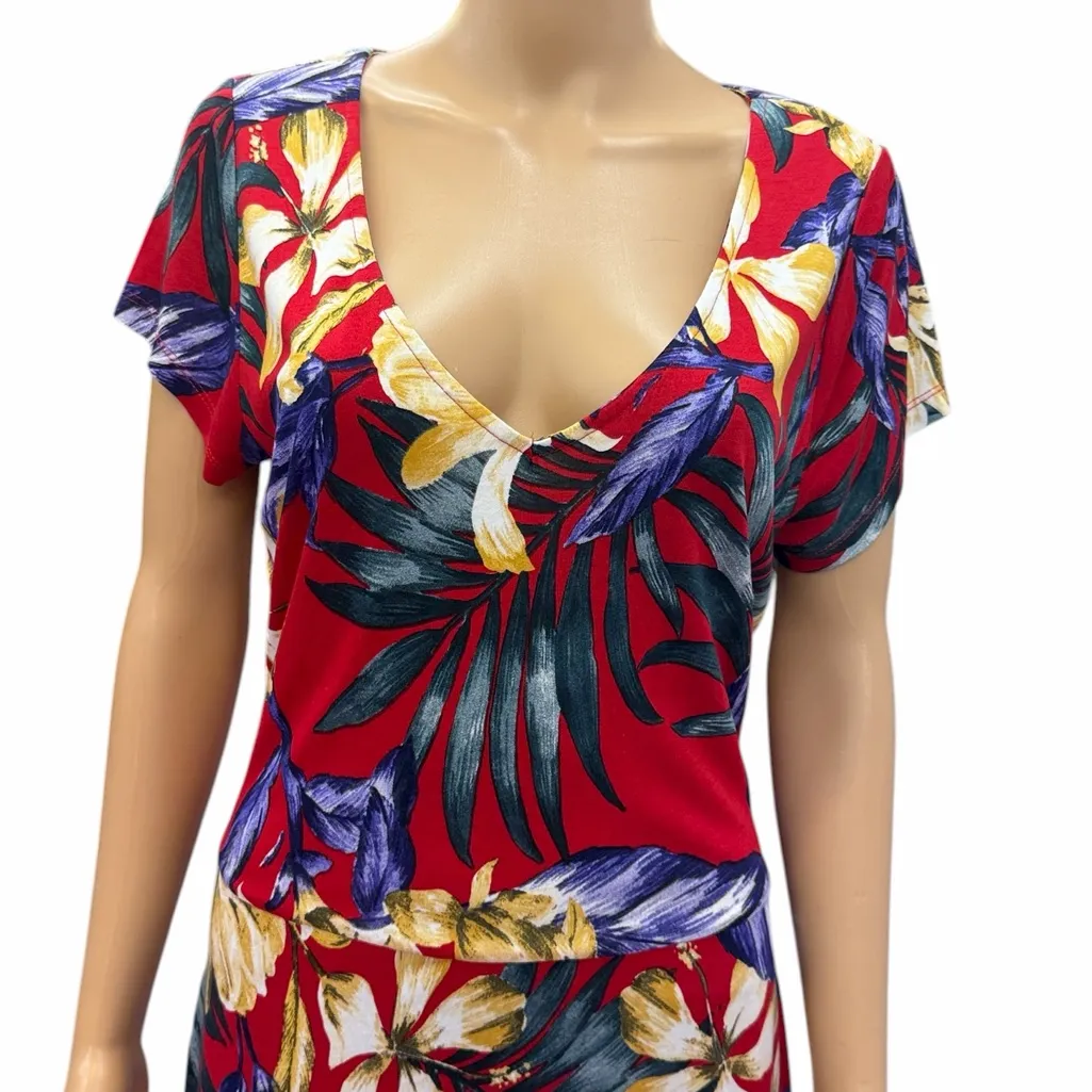 Lascana Venus Red Floral Tropical Short Sleeve V Neck Dress Womens Large - Image 4