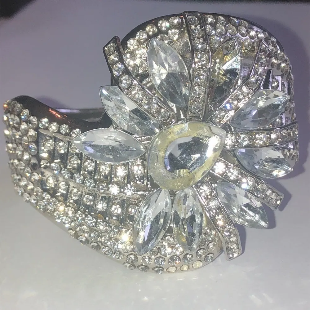 Silver Tone CZ Rhinestone Bling Clamper Boho Statement Bracelet - Image 2