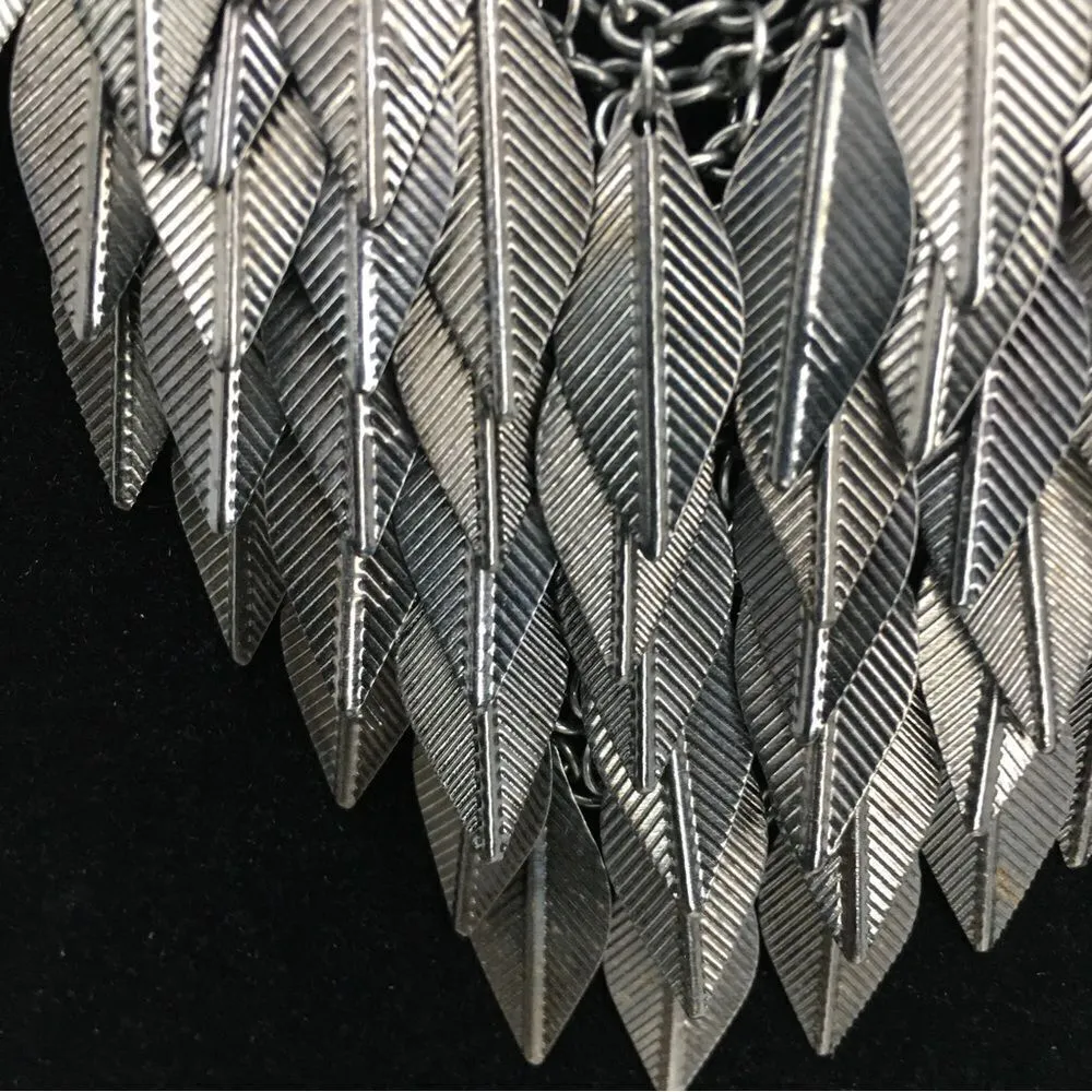 Vintage Metal Art Leaf Layered Waterfall Bib Statement Necklace Silver - Image 9