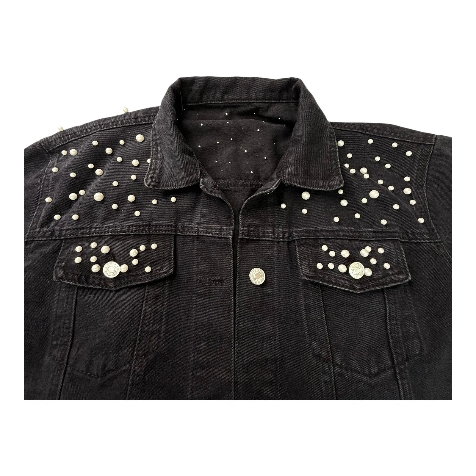 Denim Jacket Black Pearls Womens LG 12/14 Embellished Jeans Buttons Bridal Party - Image 9