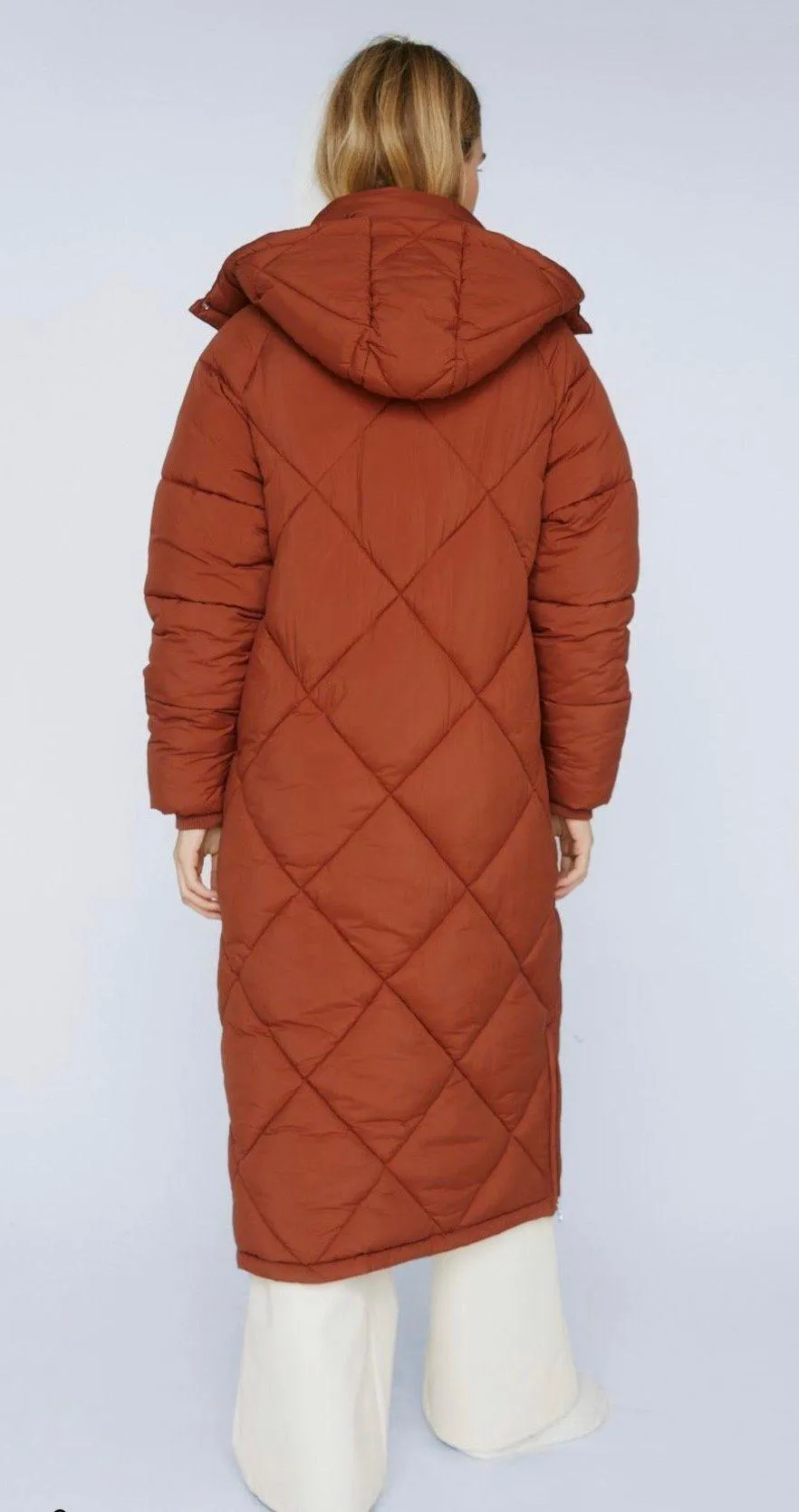 Rust Quilted Longline Puffer Hooded Jacket - Image 4
