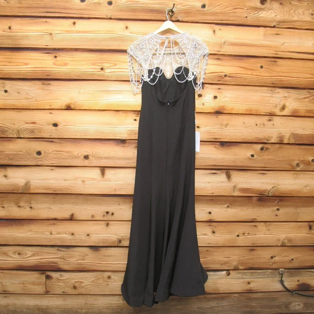 MAC DUGGAL 11775 Black Draped Pearl Beaded Mermaid Gown Dress - Image 11