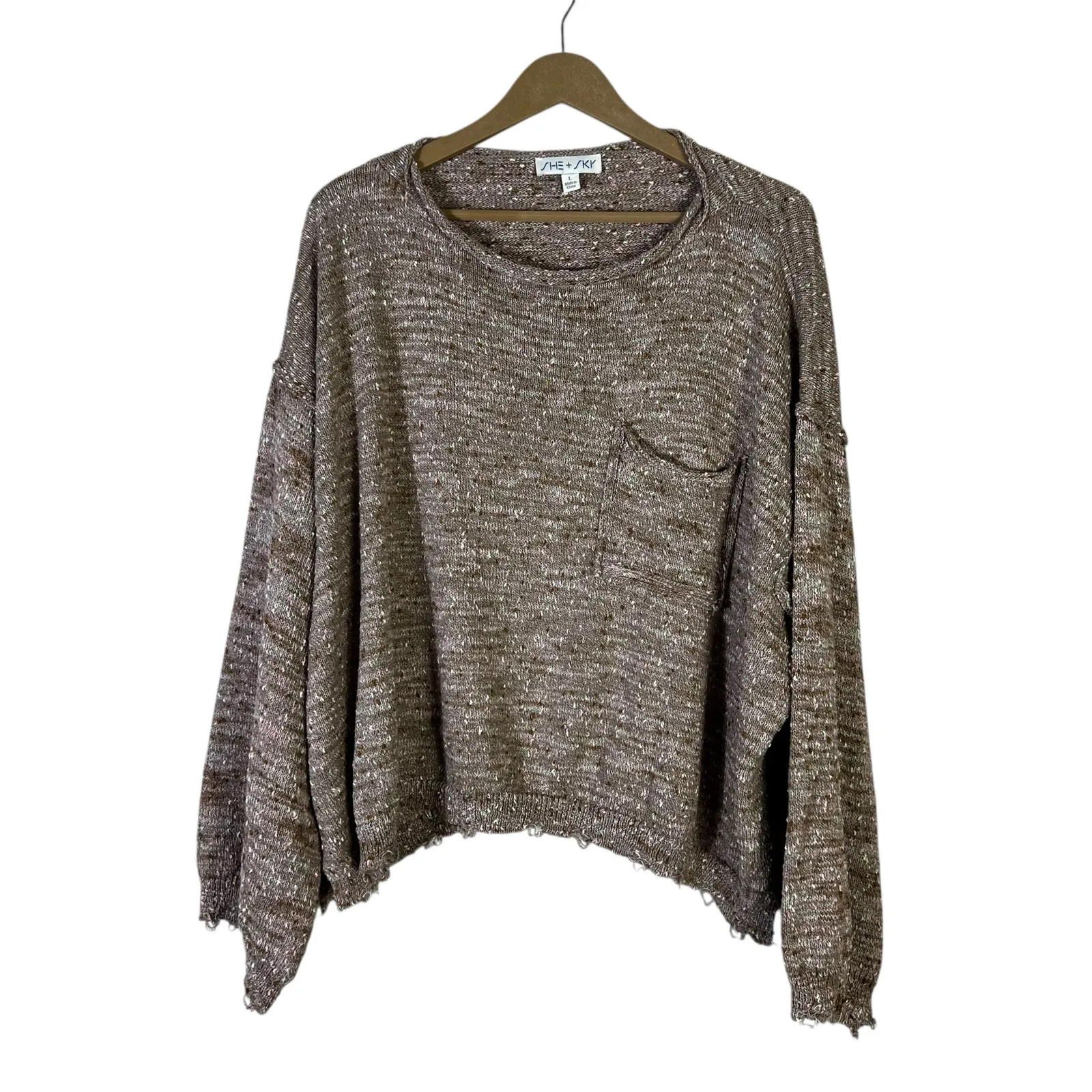 She + Sky Textured Bouclé Knit Sweater Womens L Brown Cotton Cozy Earthy Neutral - Image 2