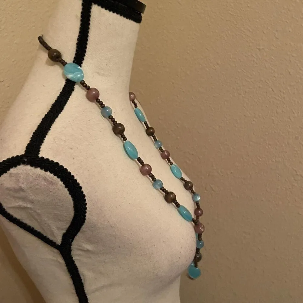 Women’s Long Beaded Necklace Blue / Brown Plastic 36 Inch - Image 4