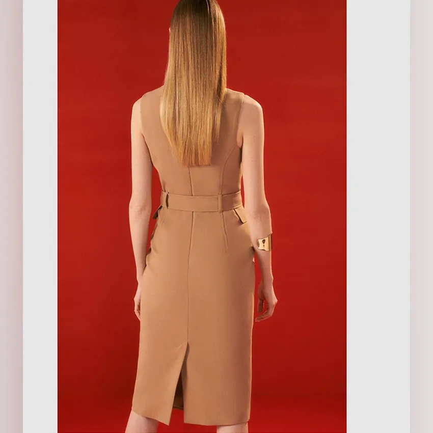 Karen‎ Millen New Compact Stretch Belted  Pencil Dress camel - Image 3
