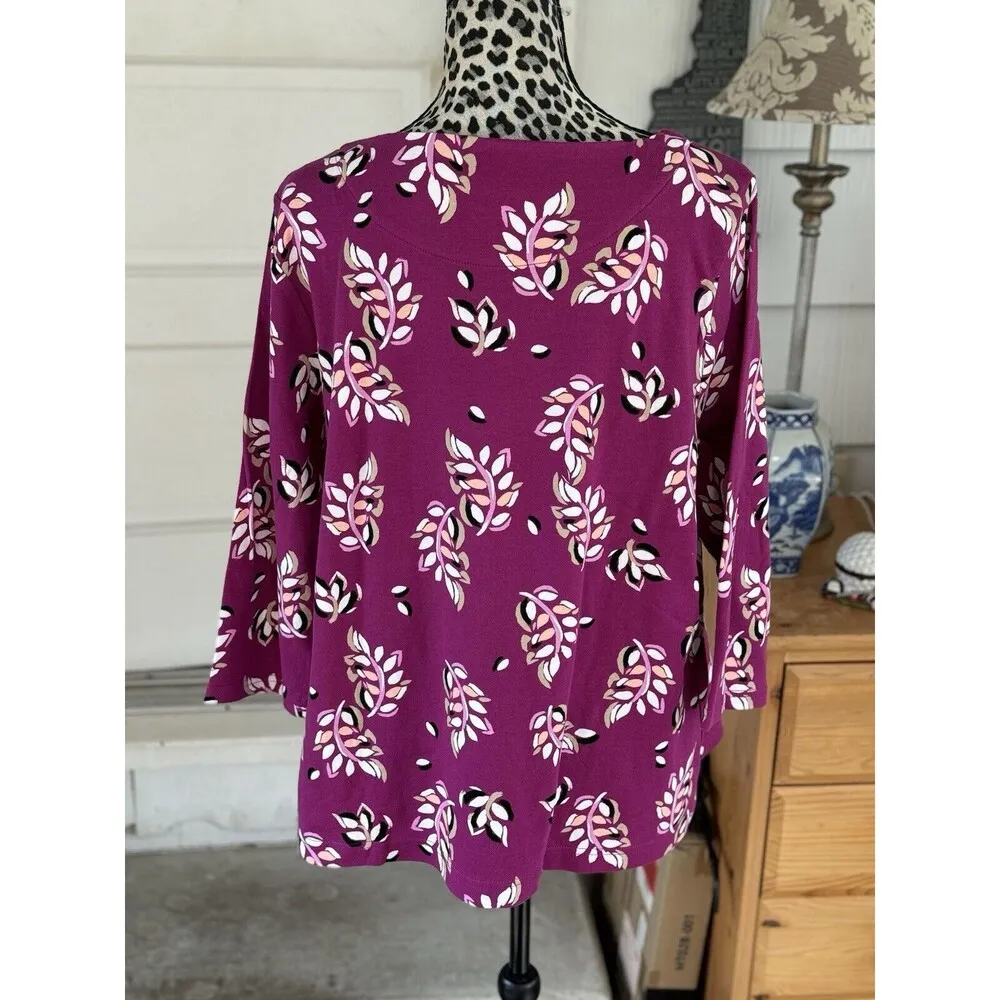 Croft & Barrow Women's Size XXL Plum Leaf Boatneck Top 3/4 Sleeve NWT Cotton GD - Image 4