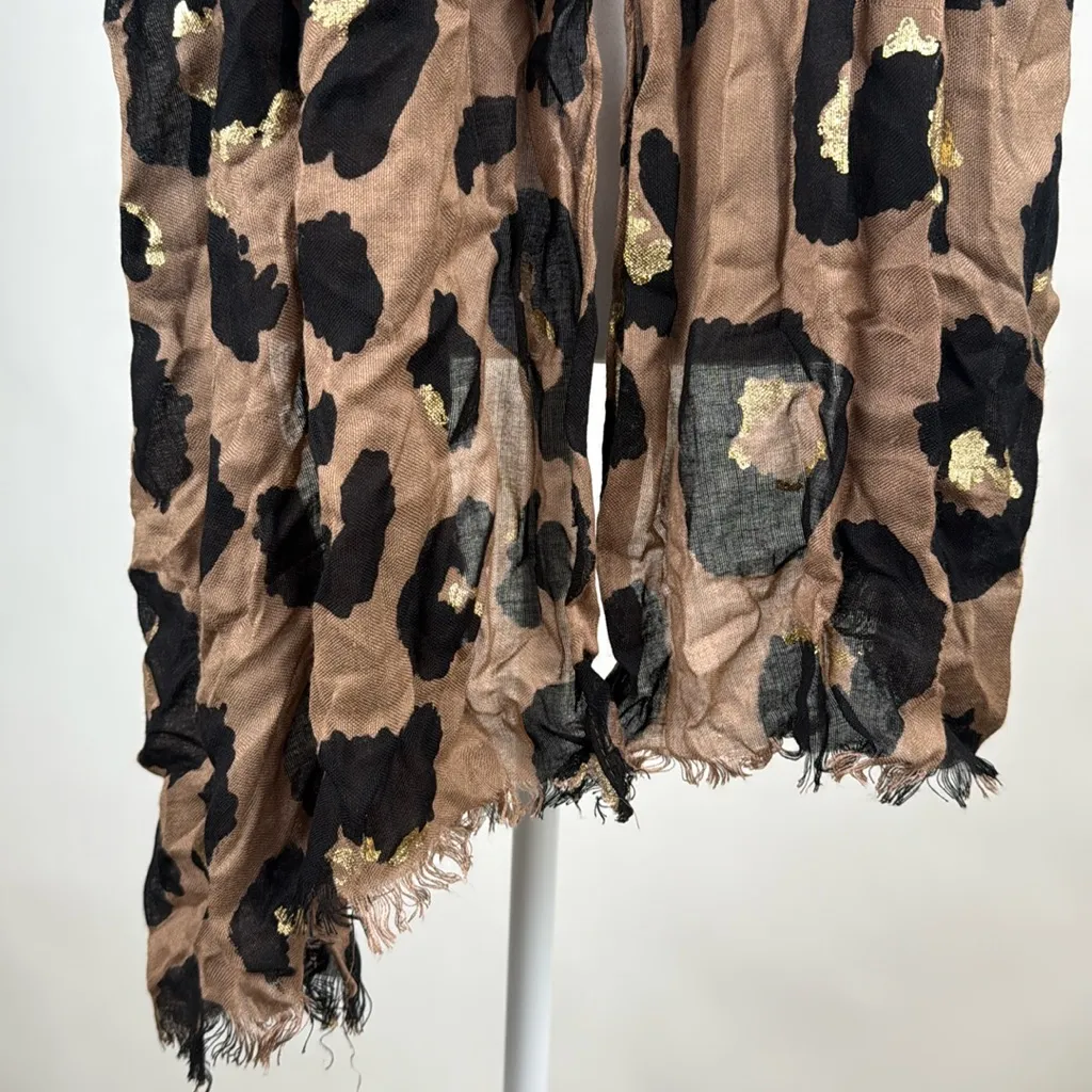Leopard Spots 27” x 70” Long Scarf Fringe Black Taupe Gold - Image 3
