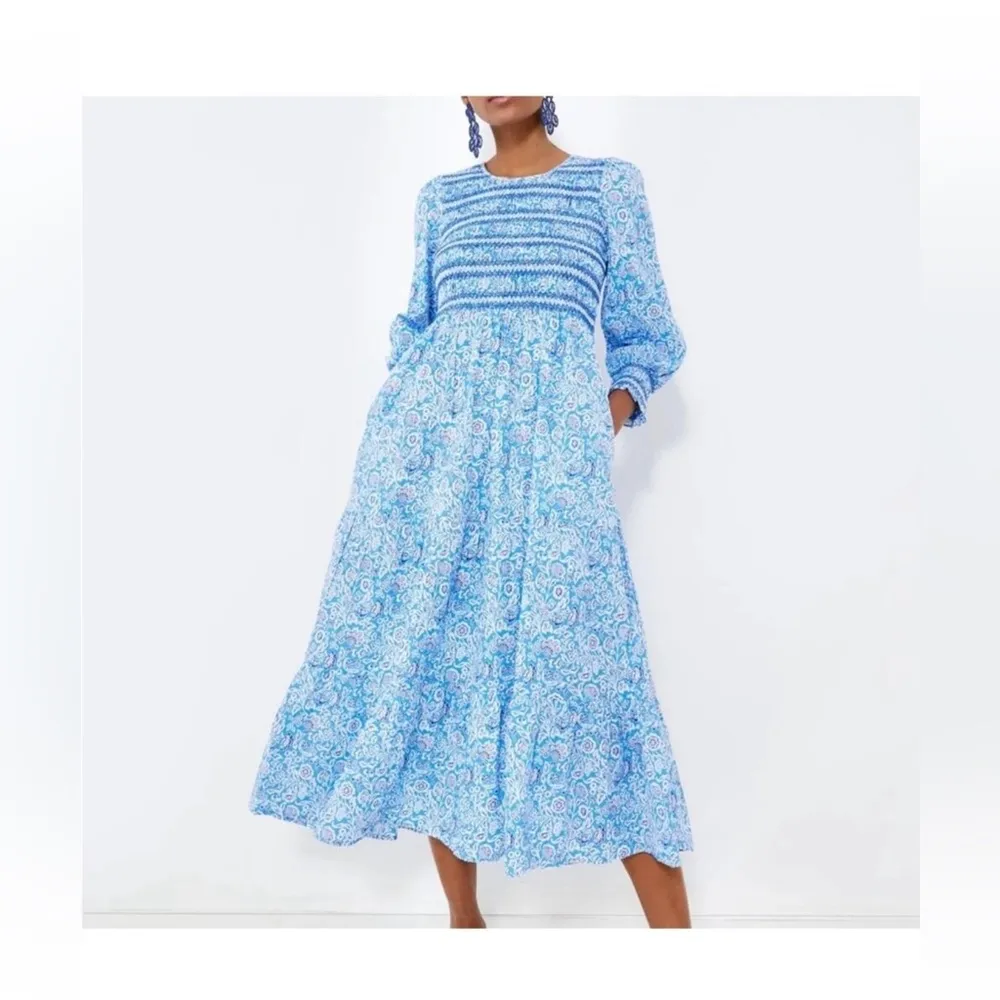 Pink City Prints Isabel Dress XS NWT Ornate Sky Blue Cotton Midi Smocked - Image 2