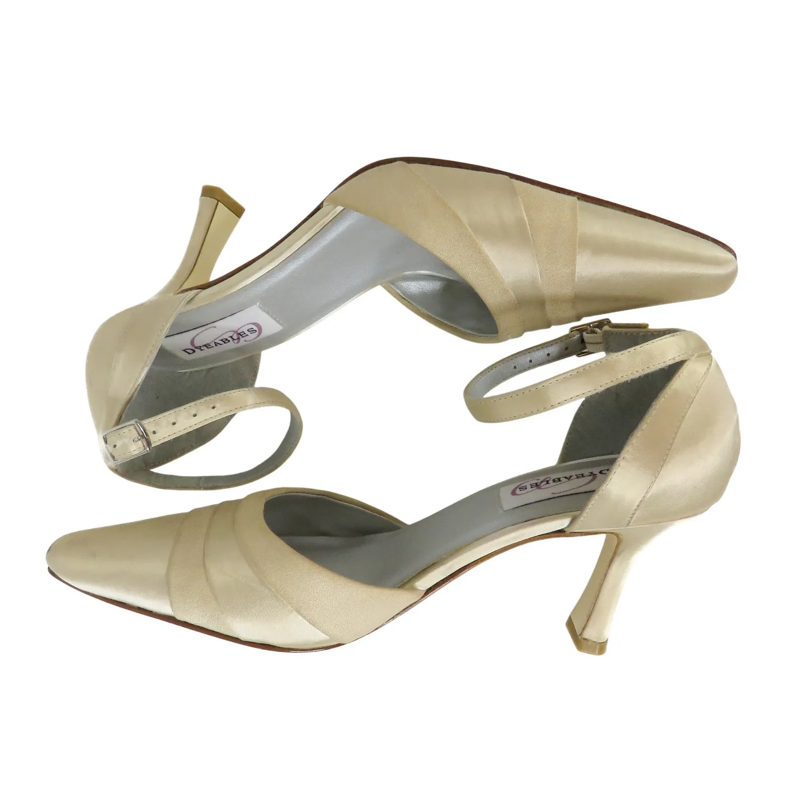 Dyeables 1980s Vintage Cream Satin Pointed Toe Ankle Strap Heels 6.5 Ballet White - Image 6