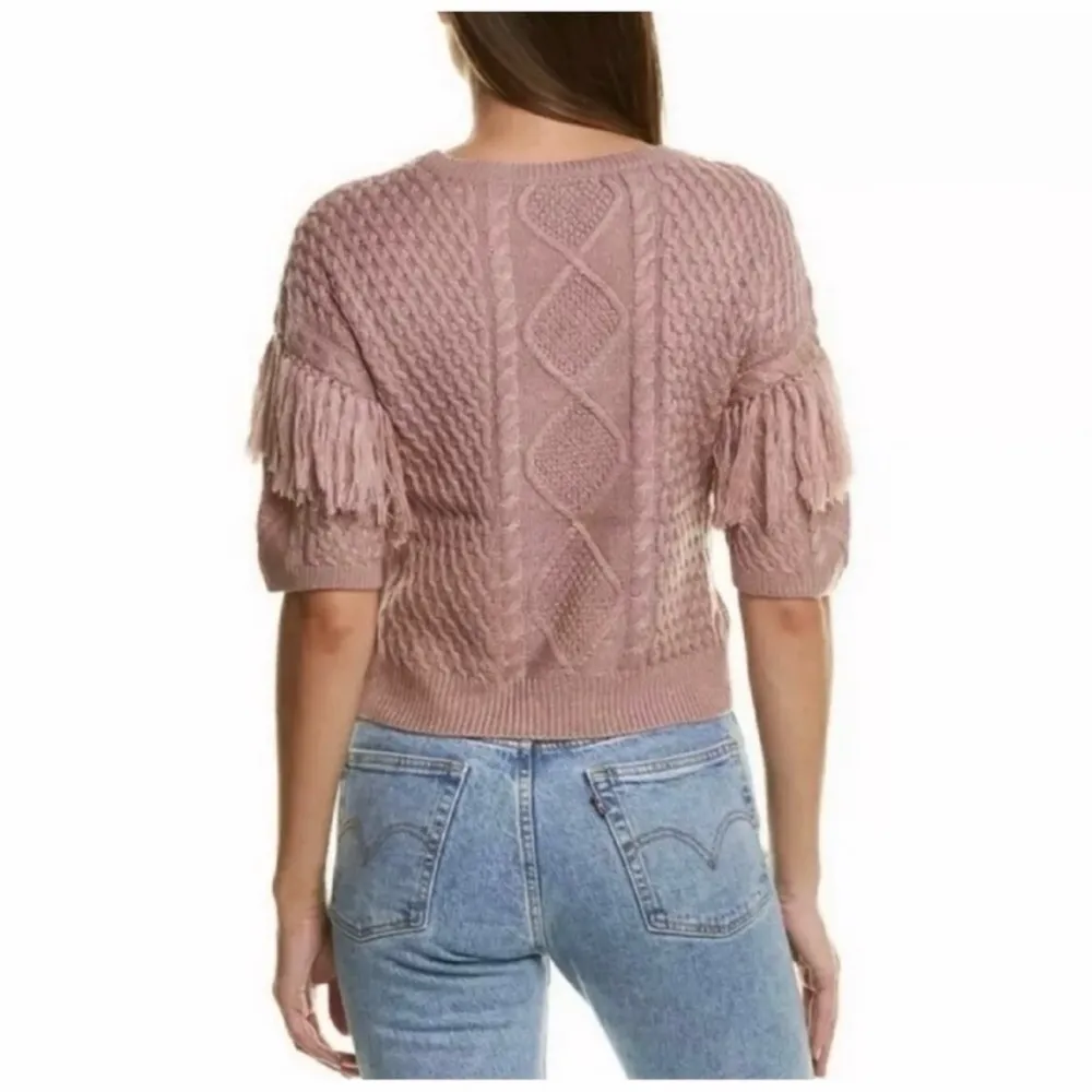 BB Dakota NWT Sweater Mauve Pink Cable Knit Crop Fringe Short Sleeve S Boho Chic - Image 2
