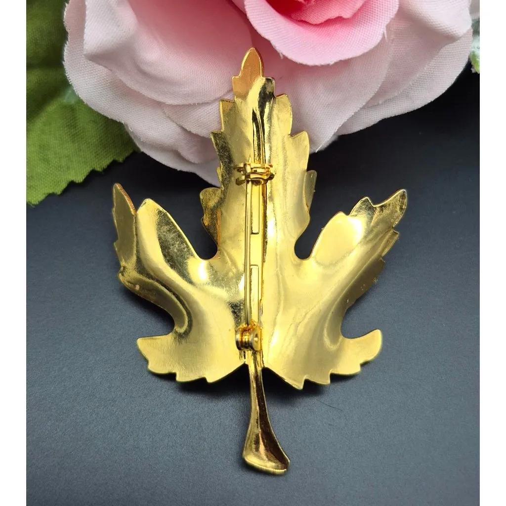 Gold Tone & Brown Textured Fall Maple Leaf Brooch Pin MINT 2" - Image 3