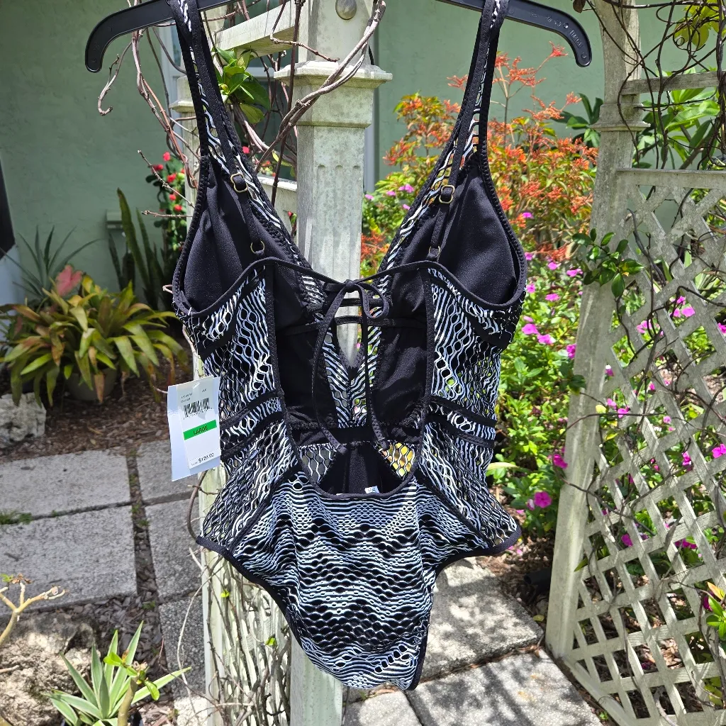 Becca by Rebecca Virtue Reveal Plunge Crochet One Piece Swimsuit Sz Lg - Image 7