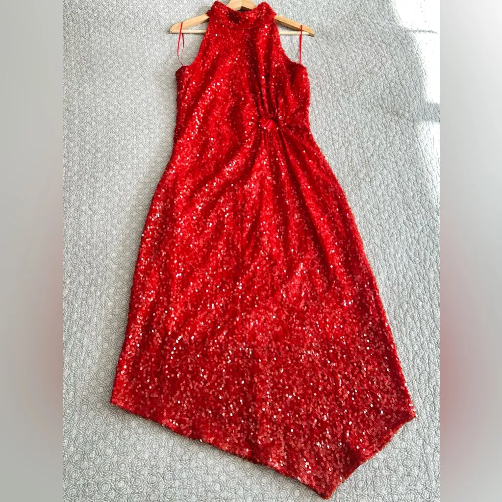 Ciebon Signy Red Sequin Asymmetrical Midi Dress Holiday Sparkle Gown Size L Size L - Image 8