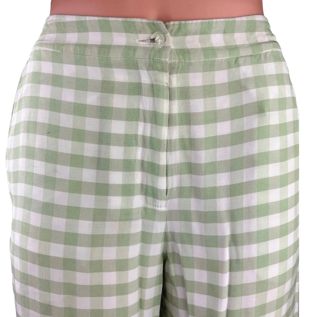 Staud Women's White/Green Gingham High Rise Stretch Wide Leg Trouser Pants Sz XS - Image 4