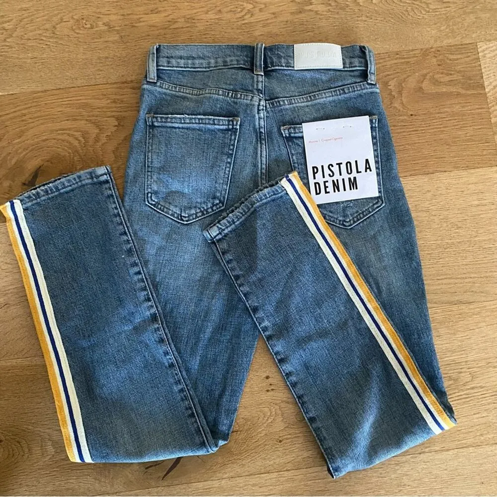 Pistola Denim - Monroe Mid Rise Striped Crop in Blue and Yellow - Image 6