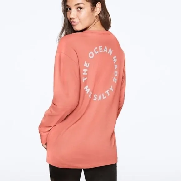 Victoria Secret Pink The Ocean Made Me Salty campus Tee long sleeve coral, M - Image 2