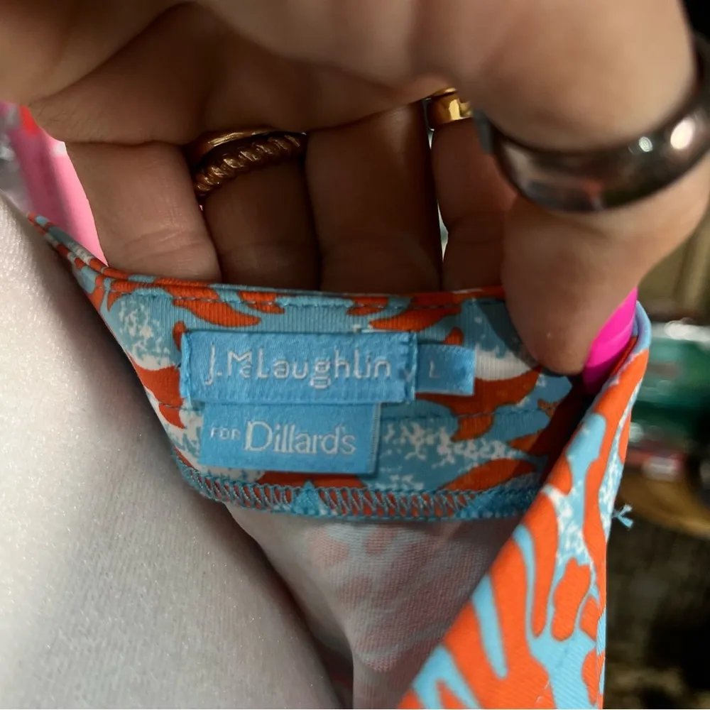 J McLaughlin Dillards Emma Dress Catalina Cloth Blue Orange Boat Neck Modest‎ LG - Image 5