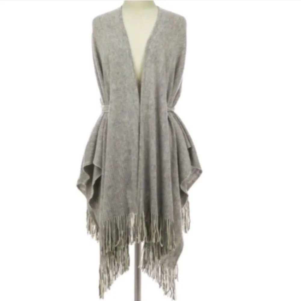 LAST ONE! Marled Grey Ruana Knit Belted Fringed Wrap Cardigan OSFM NWT Gray Size 0X - Image 4