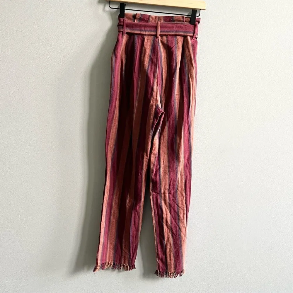 NWT Lulus Renfroe Burgundy Striped Pants Paper Bag Wide Leg Raw Hem Belted XS - Image 7