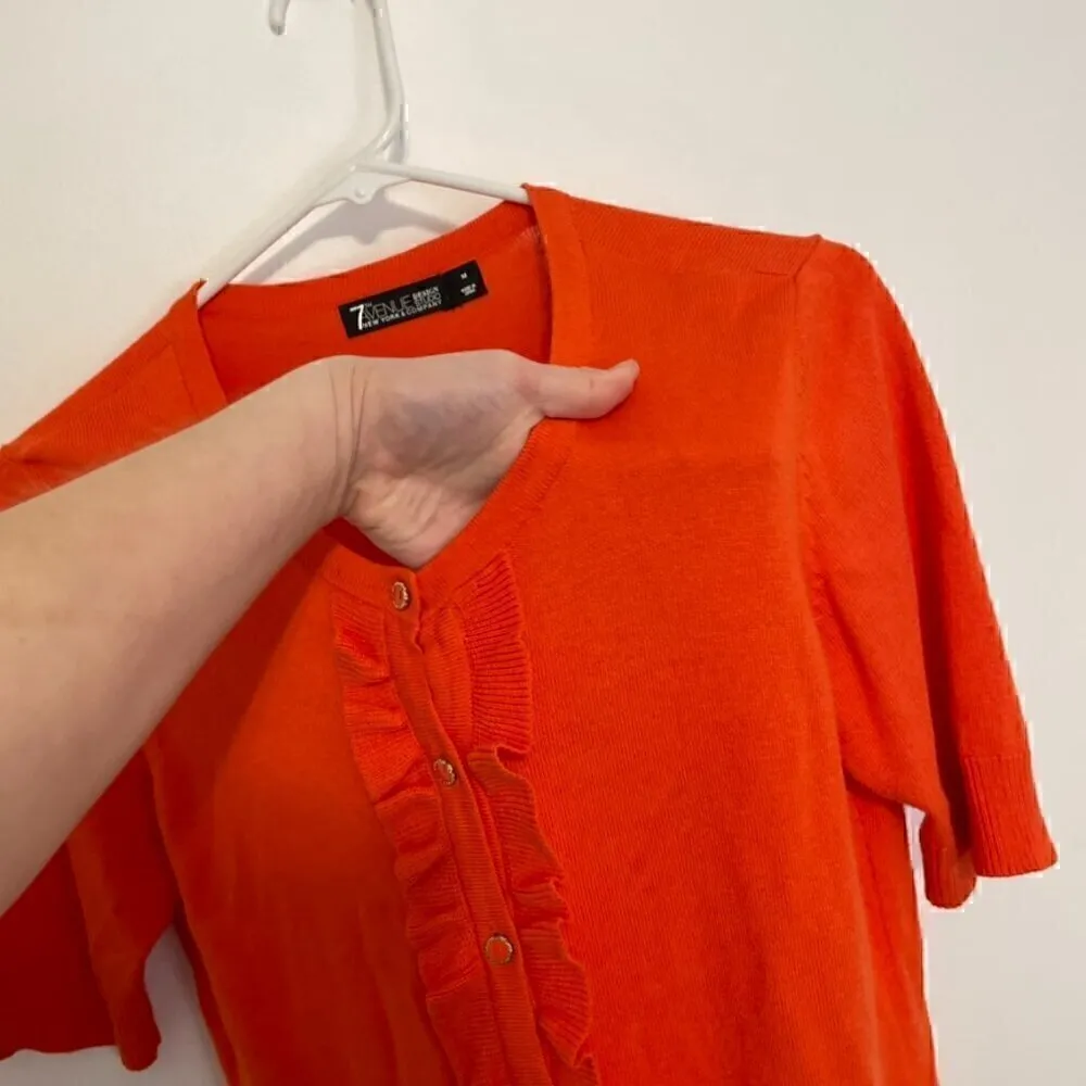 NEW YORK & COMPANY NY&CO Solid Orange Ruffle Short Elbow Sleeve Cardigan Sweater Size M - Image 5