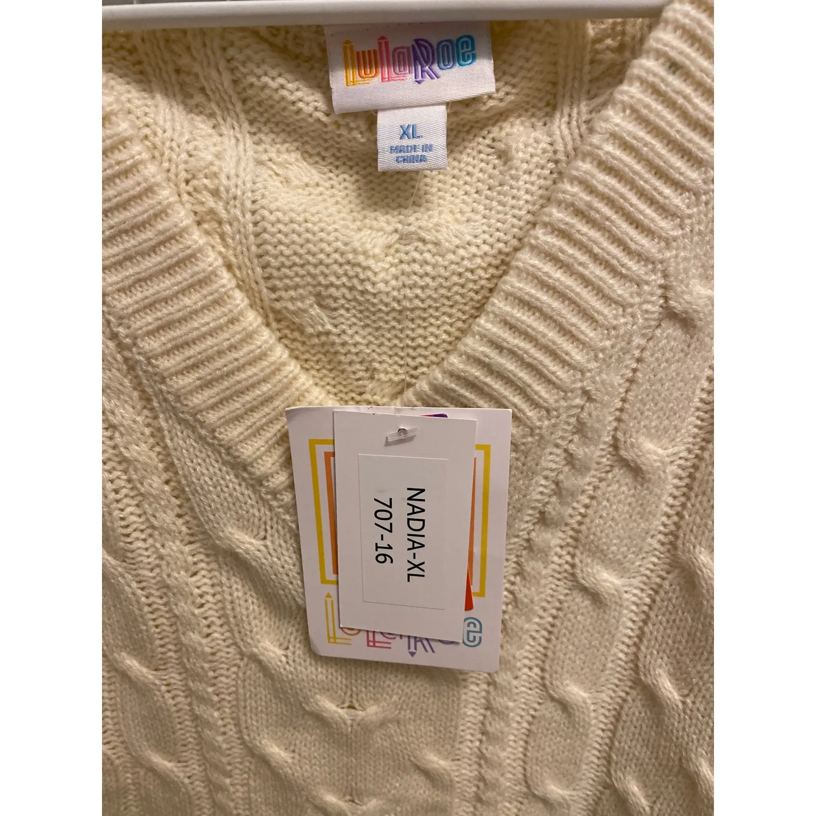 NWT LulaRoe Women’s Nadia” Cream Color Cable Knit V Neck Sweater Vest - Size XL - Image 2