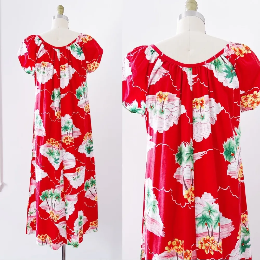 vintage • Hilo Hattie’s 70s Hawaiian dress red cotton midi muumuu palm tree - Image 11
