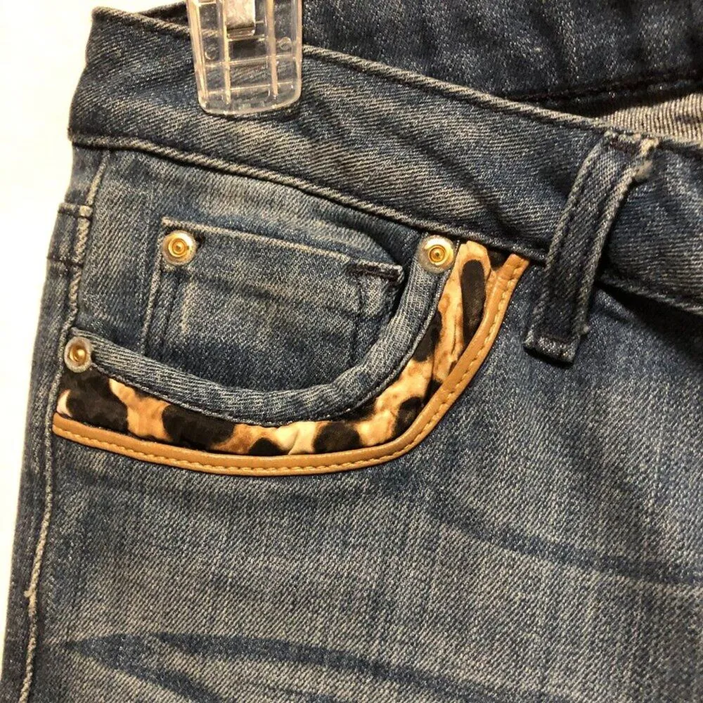 Cache Slight Fade Denim Jean Pant Stretch Animal Print pLeather Trim New NWT $98 - Image 2