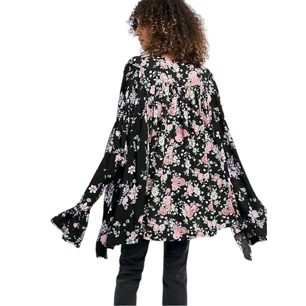 Free People Top Lorretta Black Pink Purple Floral Print Tunic Blouse Size Medium - Image 3