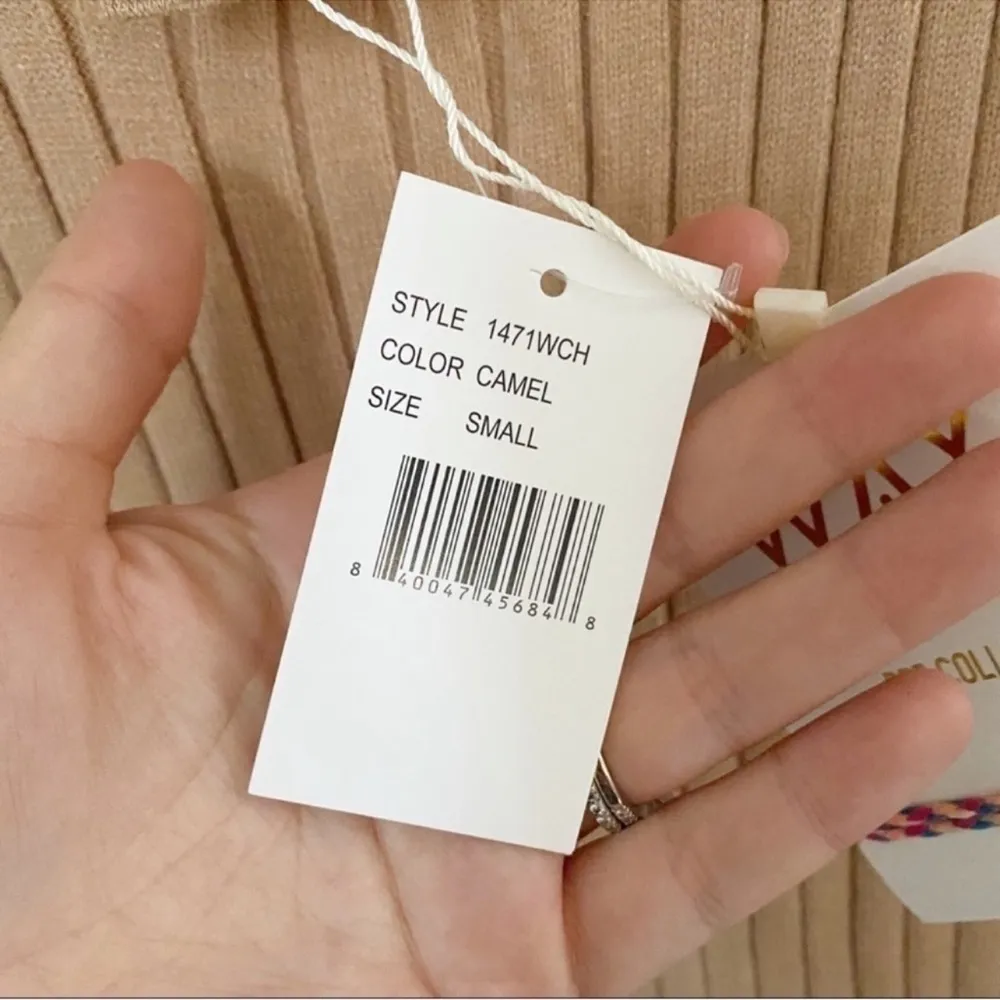 Wayf Ribbed Knit Sweater Dress Midi Tan Cutout Tie Emily x Dede Size Small New - Image 9