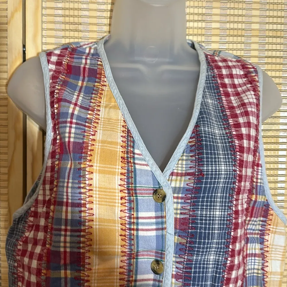 Vintage Reversible Patchwork Multicolored Plaid Cotton Vest Possibly Handmade - Image 6
