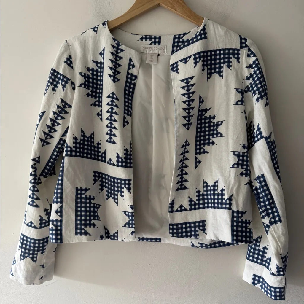 Caroline Constas Quilted Jacket Blazer Gingham Blue Linen Blend - Image 2