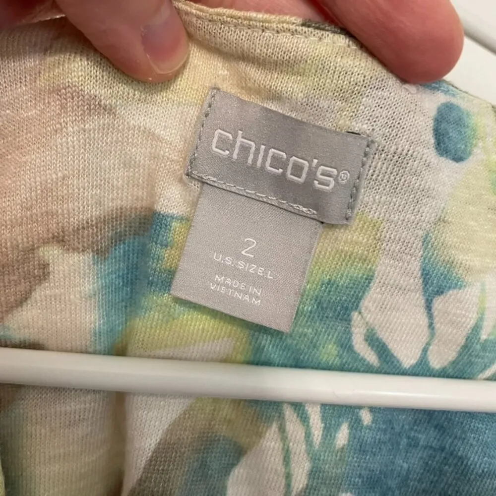 CHICO'S 2 Spring Paradise Linen Tee White Olive Green Floral 3/4 Sleeve Tunic L - Image 4