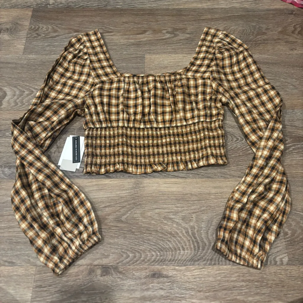BP Dreamy Smock Crop Top Brown Plaid Long Sleeve Cottagecore Boho XS - Image 4