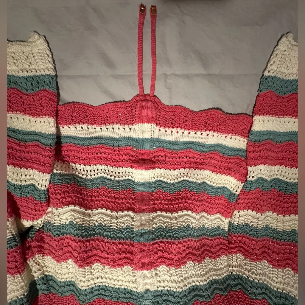 Marc New York V Neck Sweater, Size L. Pink,‎ cream and light green striped. - Image 3