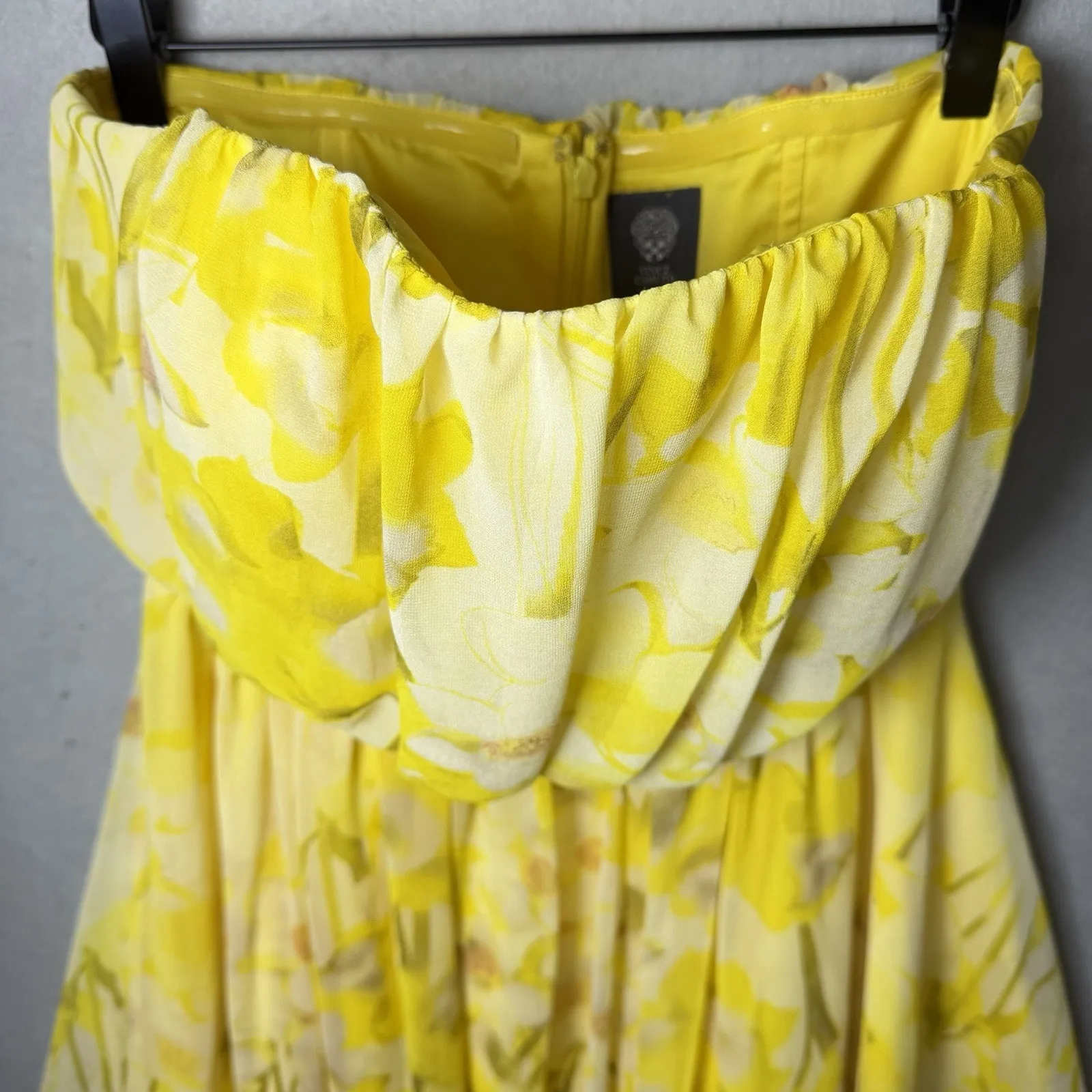 Vince Camuto Yellow Floral Chiffon Strapless Asymmetrical Dress Womens Size 10 - Image 3