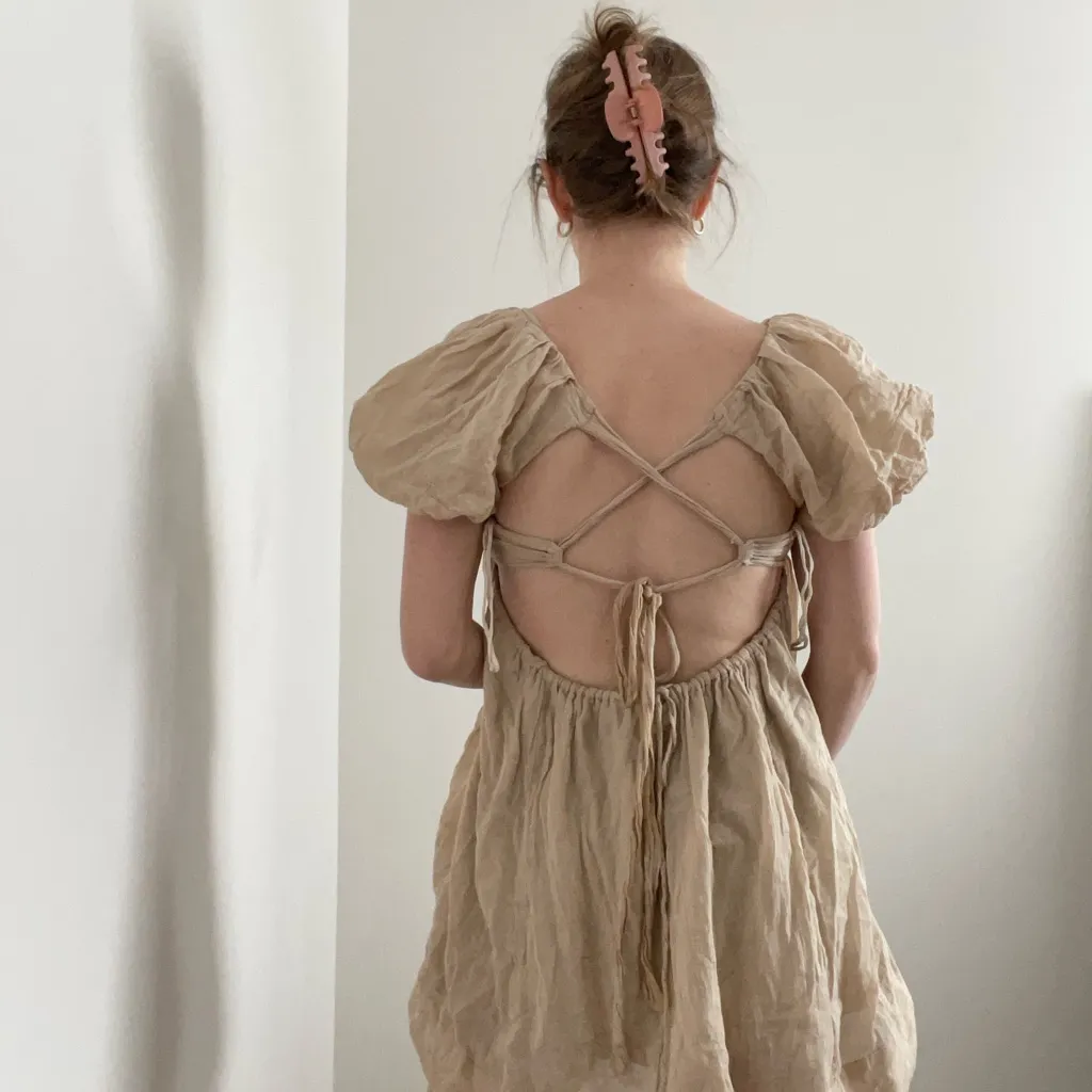 Free People Marina Puff Sleeve Tan Open Back Mini Dress - Image 8