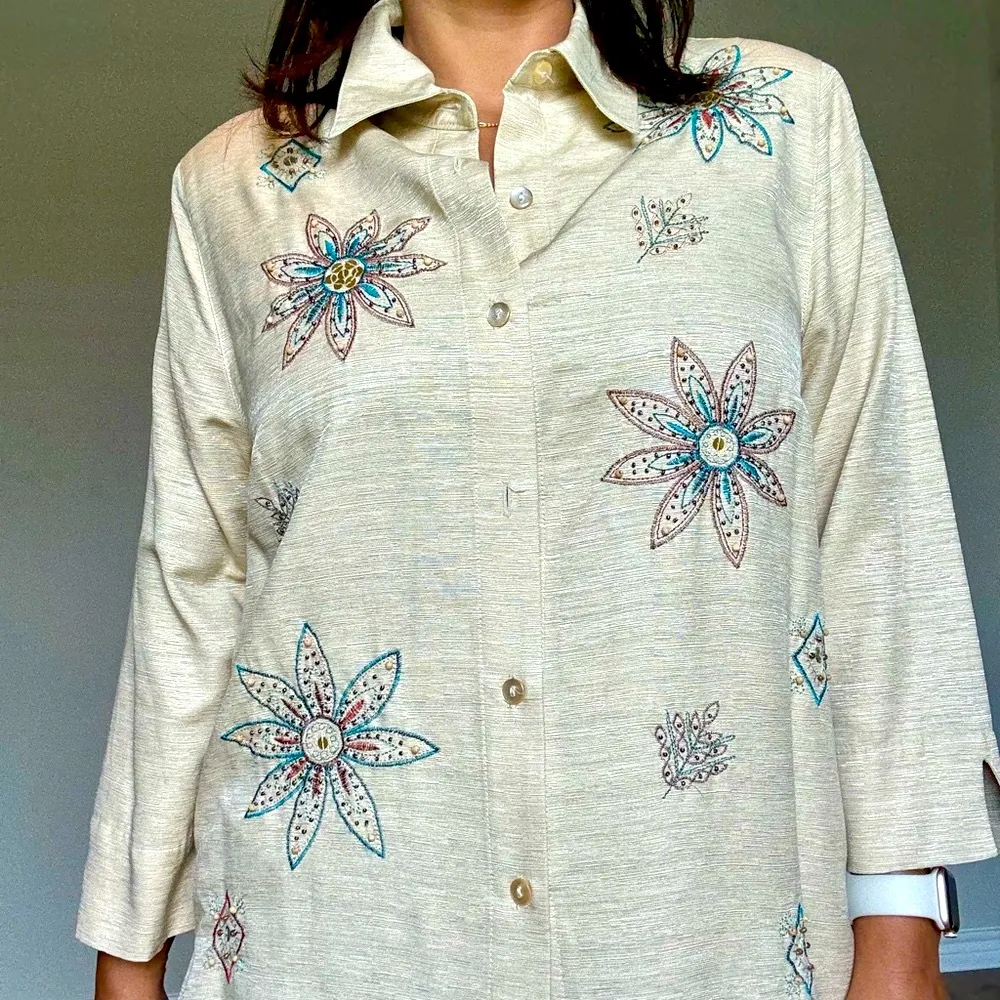 Alfred Dunner Women Blouse 3/4 Sleeve Button Down Shirt 100% Silk padded VTG - Image 2