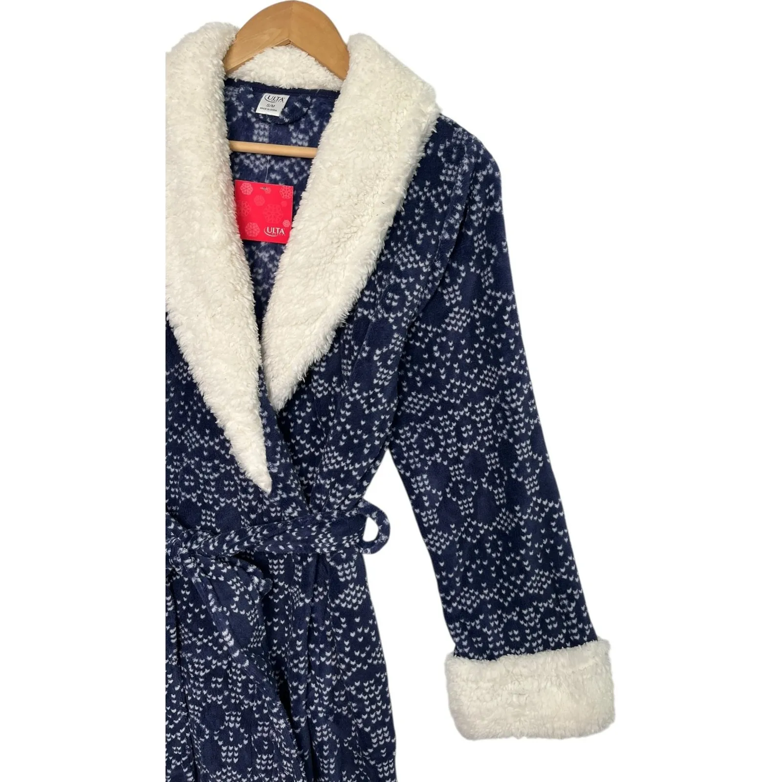 New Ulta Beauty Robe Womens S M Blue White Sherpa Belted Fleece Fair Isle Cozy - Image 6