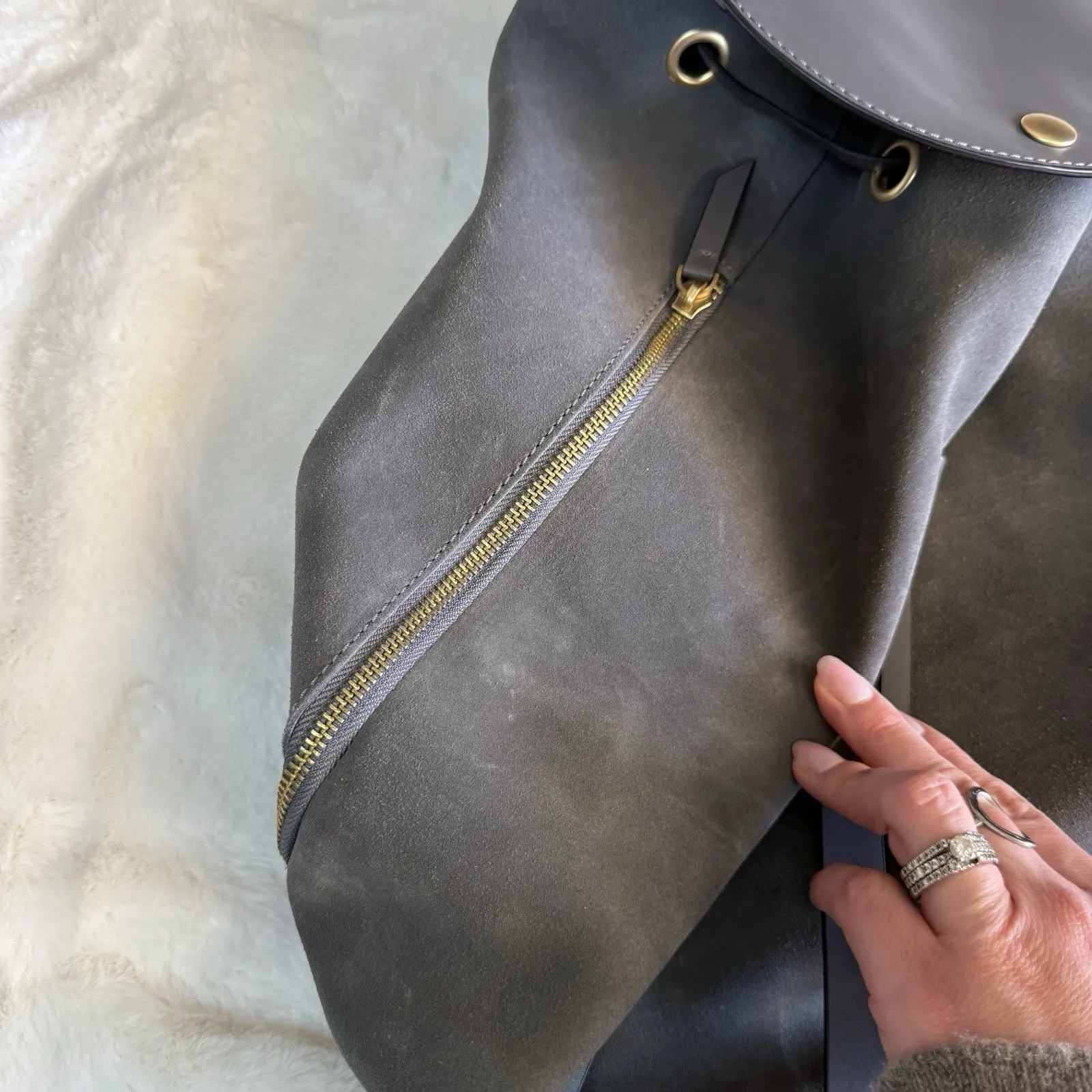 Kate Spade Saturday Gray Suede Leather Backpack Purse Minimalist Modern Chic - Image 6