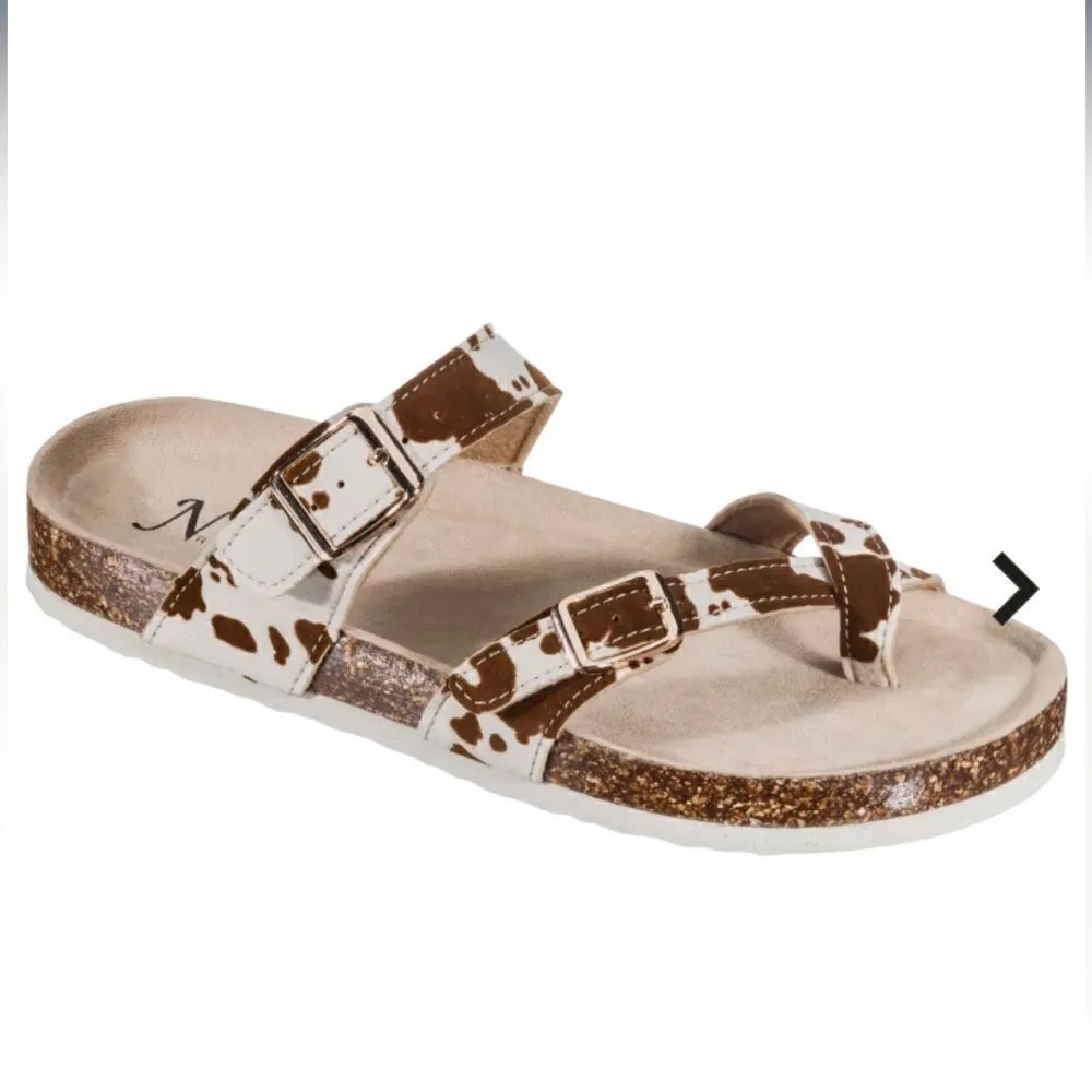 Natural Reflections Cream/Brown Cow Print Buckle Toe Loop Slip On Sandals - Image 2
