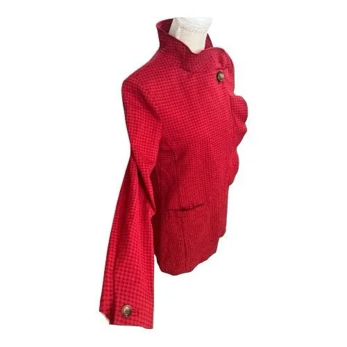 CAbi  Celebration Women Jacket Coat Size S Red Houndstooth Ruffle Button Front - Image 3