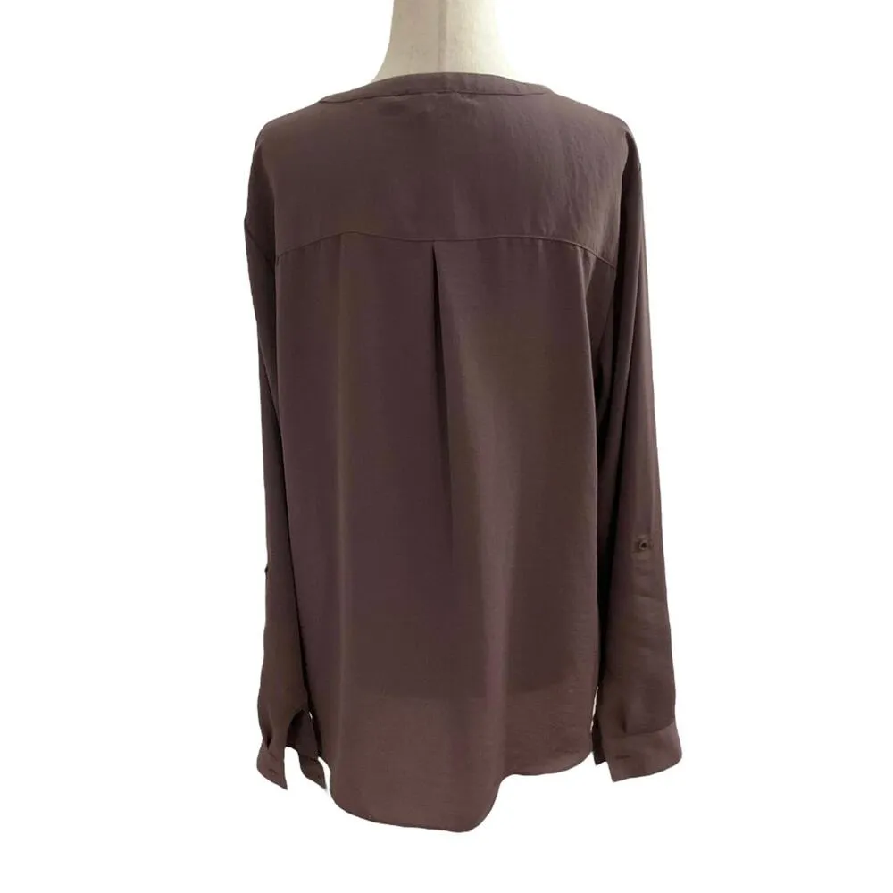 Maurices Brown V-neck Roll Tab Sleeve Blouse Women Size Large | 25-8 - Image 2