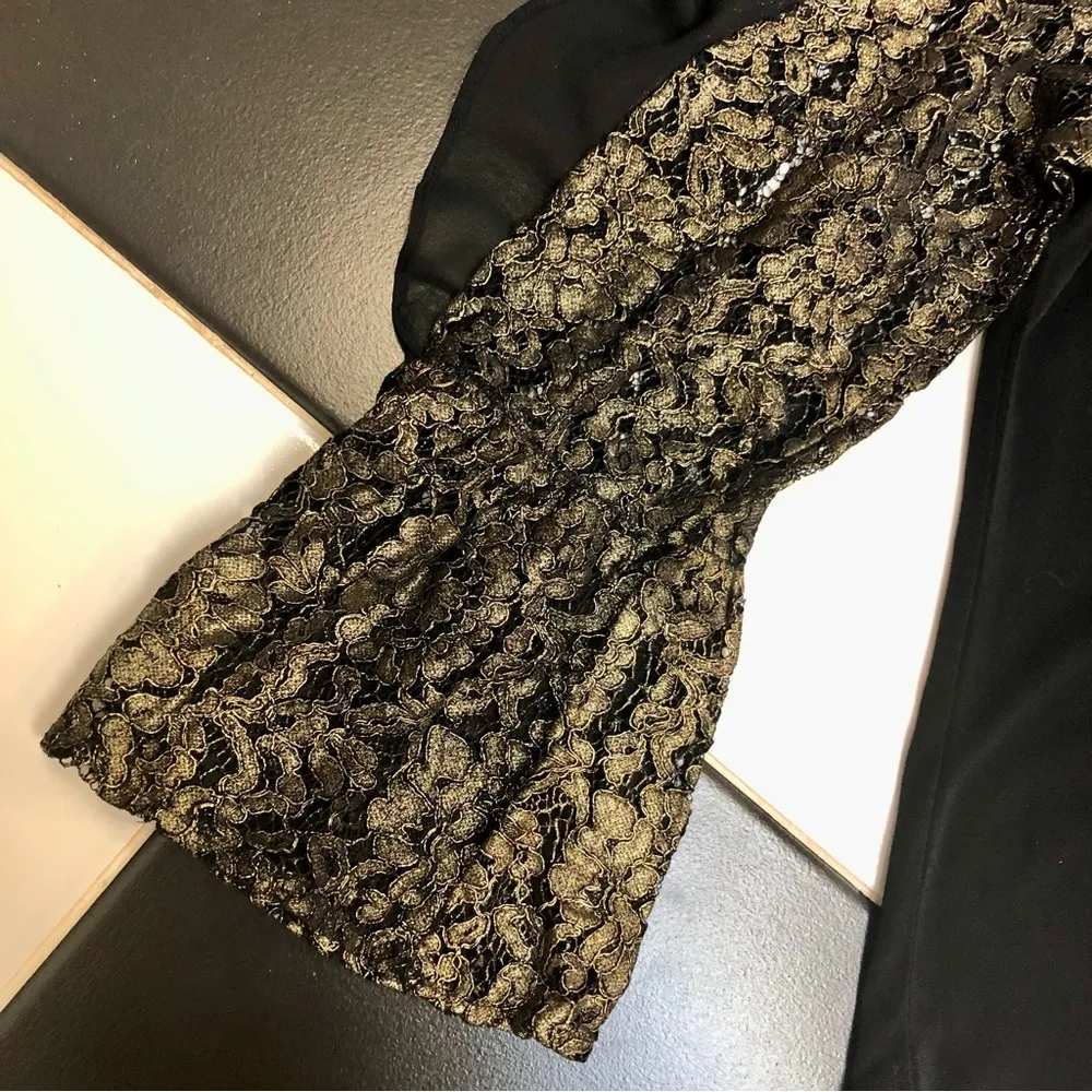 7th Avenue New York & Company Black Blouse Gold Lace Long Sleeves Neck Tie Large Multiple - Image 4