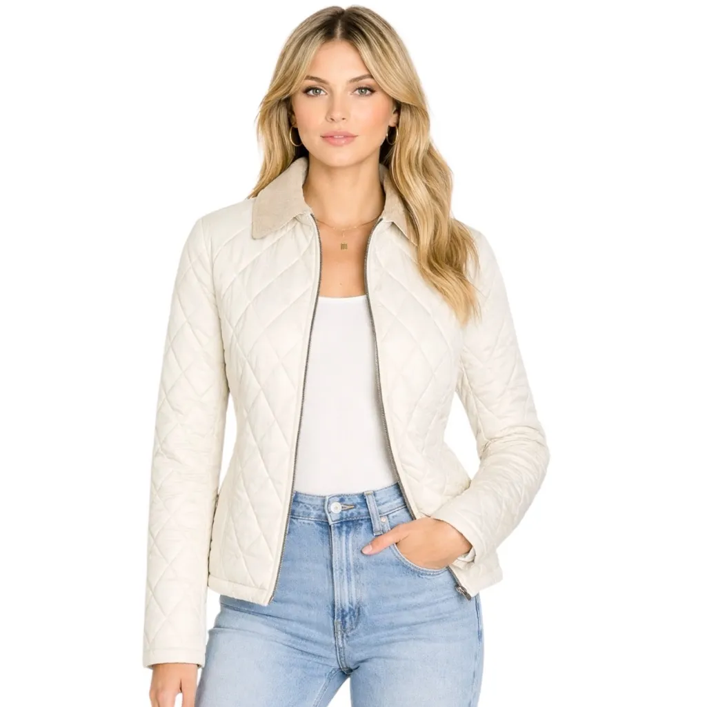 Lauren Ralph Lauren Diamond Quilted Barn Jacket Zip Front Cream Size S - Image 2