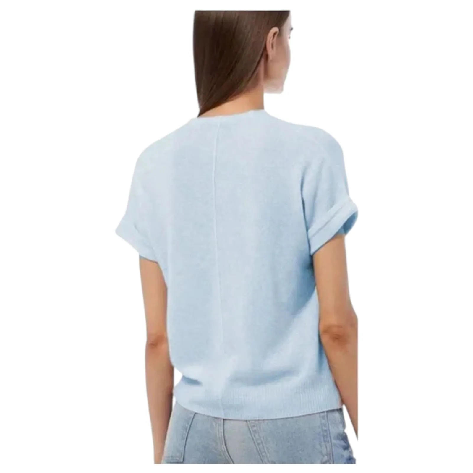 360 Cashmere Light Blue Faux Wrap Short Sleeve Soft Cozy Blouse Size Medium - Image 3