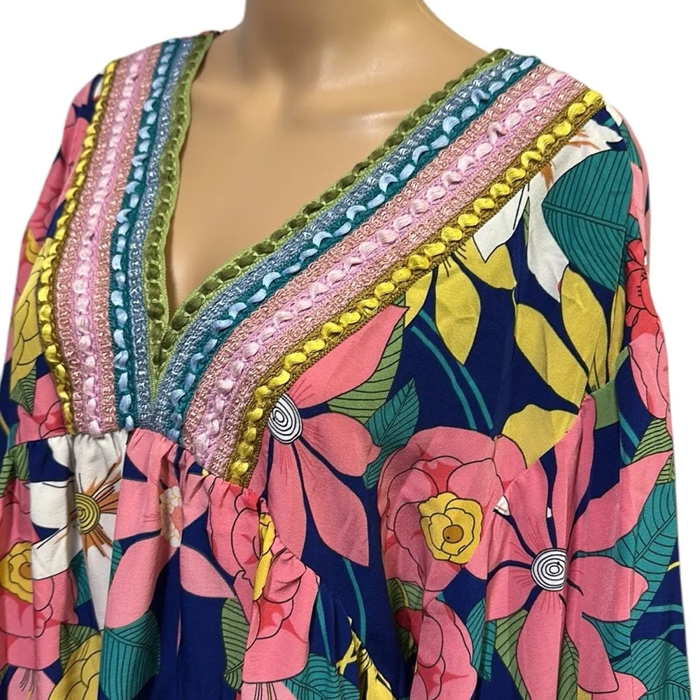Veveret V Neck Multicolor Floral Boho Embroidered Half Sleeve Pocket Dress Large Pink - Image 4