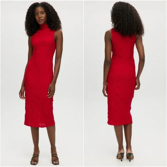 House of Harlow Red Sleeveless Mock Neck Textured‎ Knit Midi Dress M Christmas Size M - Image 2