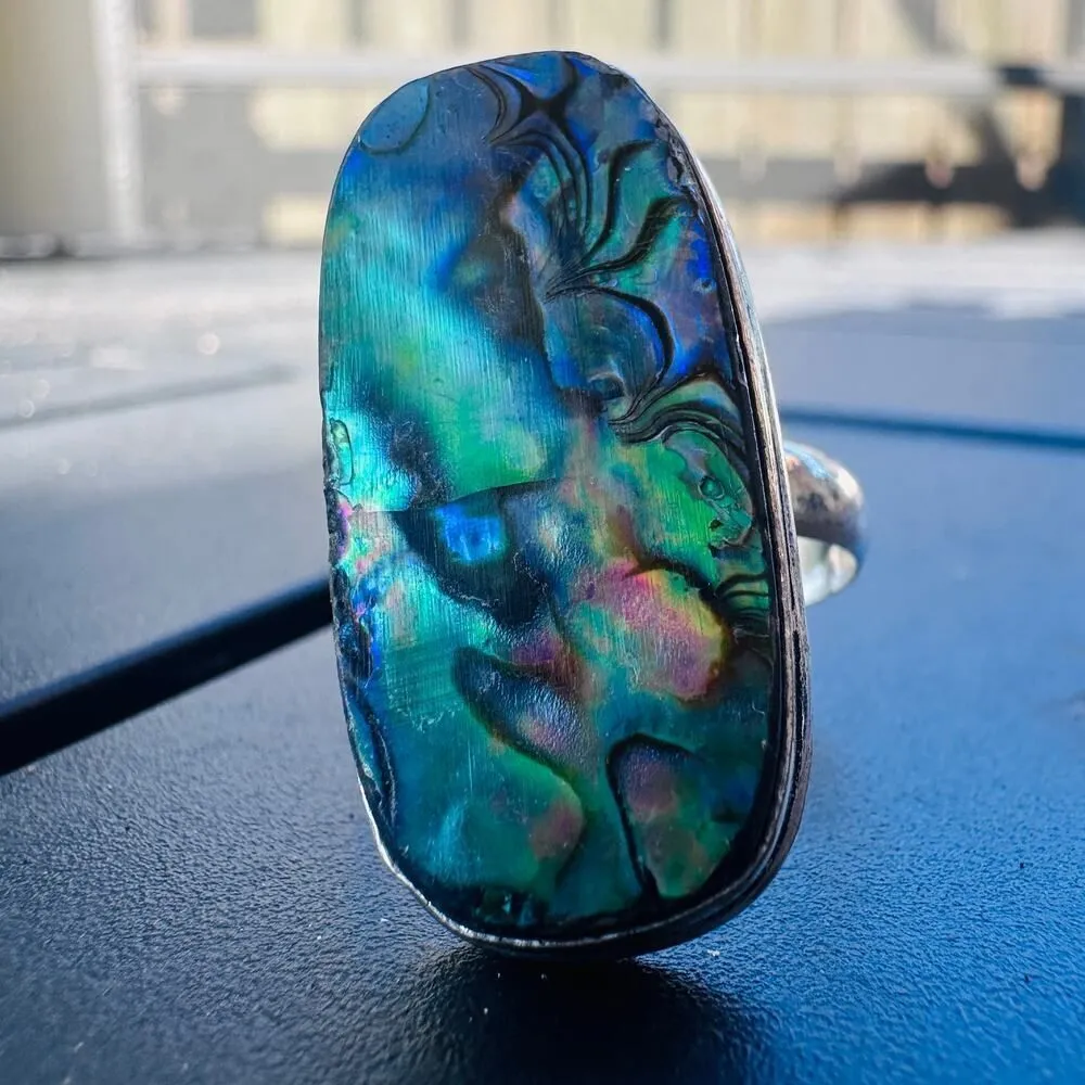 Abalone Shell Sterling Silver Plated Ring – Size 13 Statement Jewelry - Image 2