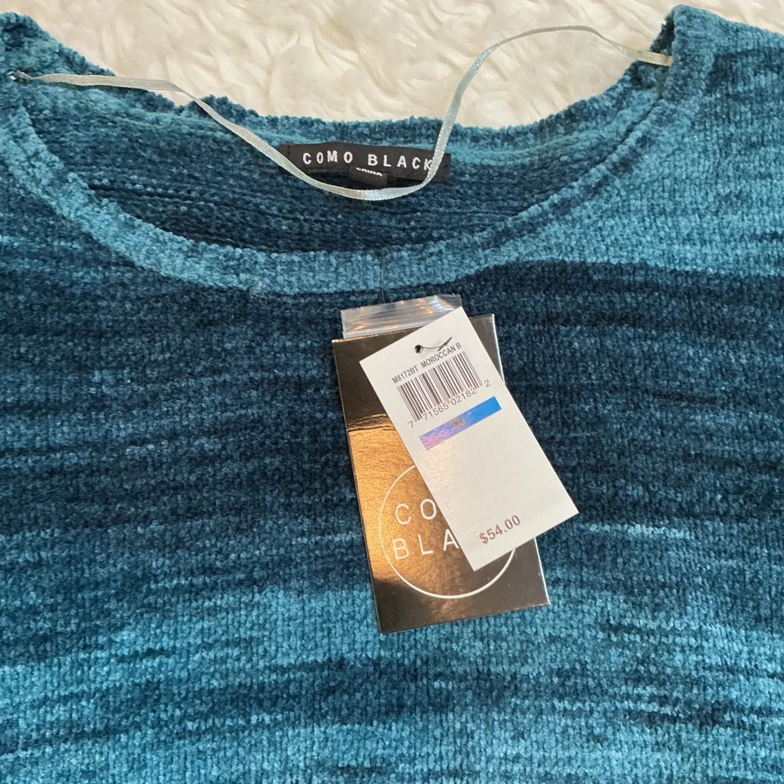COMO BLACK Teal Blue Stripe Textured Chenille Sweater XL - Image 2